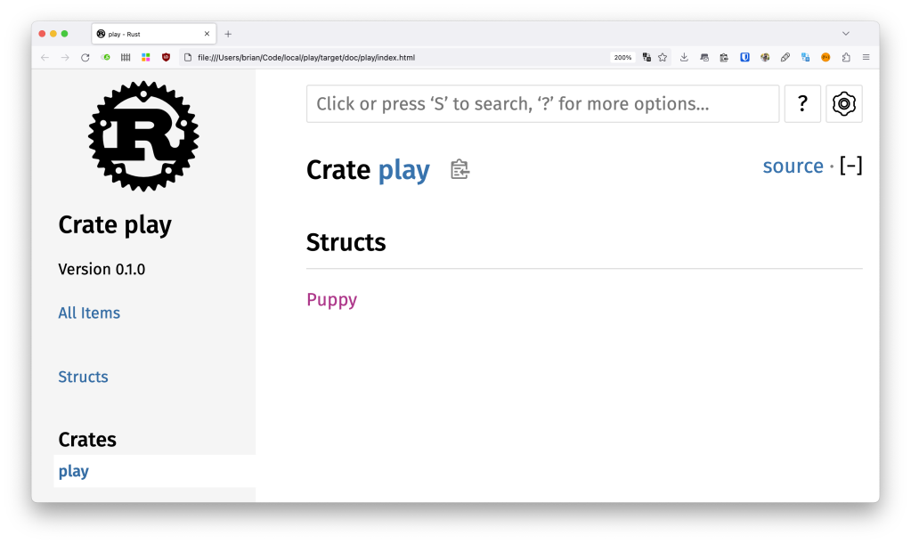 A screenshot of a Rust project, or crate, called "play" with a single struct, Puppy, with no additional description.